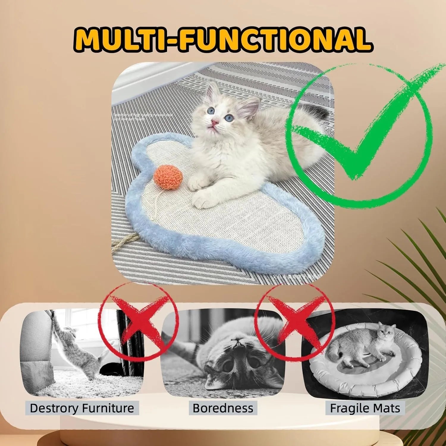 White cat scratching mat with sleeping cat cartoon design, made from natural sisal fibre.
