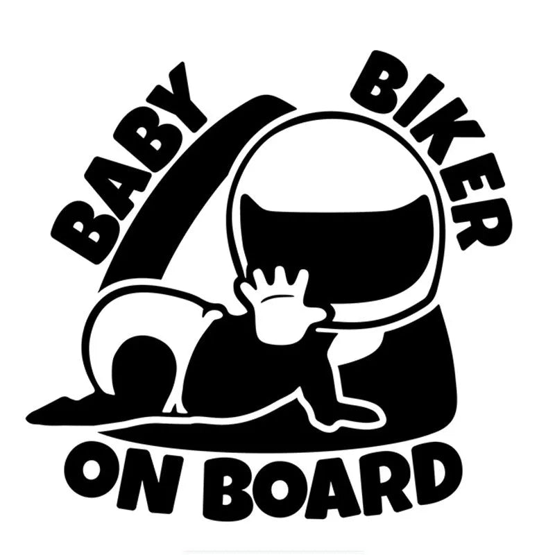 Reflective Baby on Board personality warning car sticker in black or white, sized 14.5cm by 15cm.