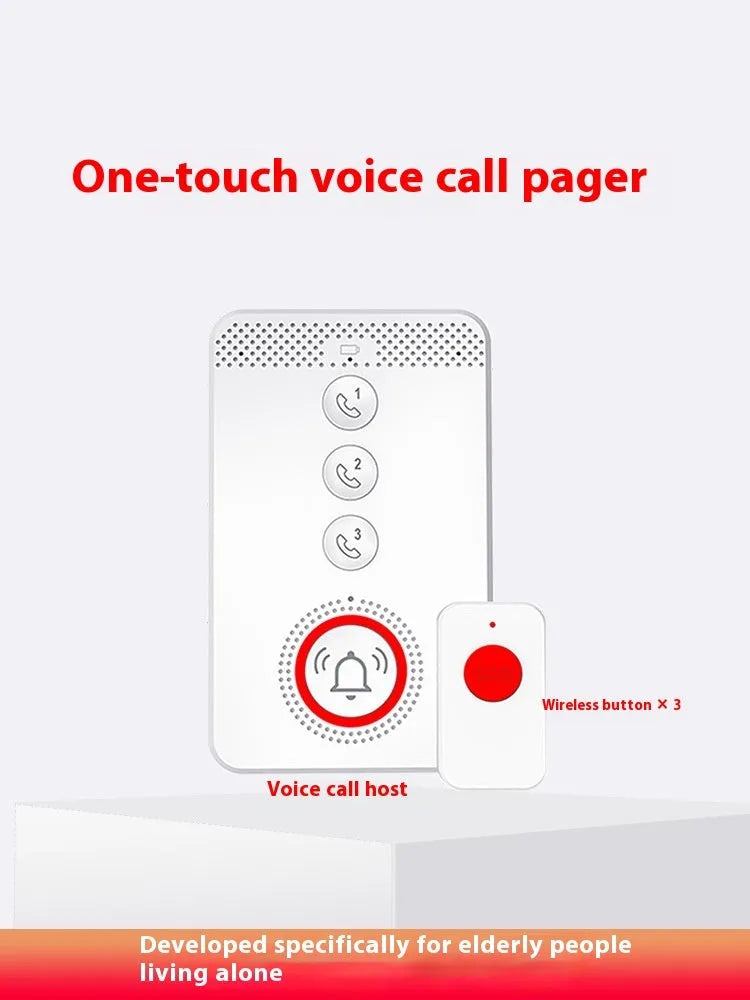 White emergency alert device with three wireless buttons and one central buzzer unit for elderly safety