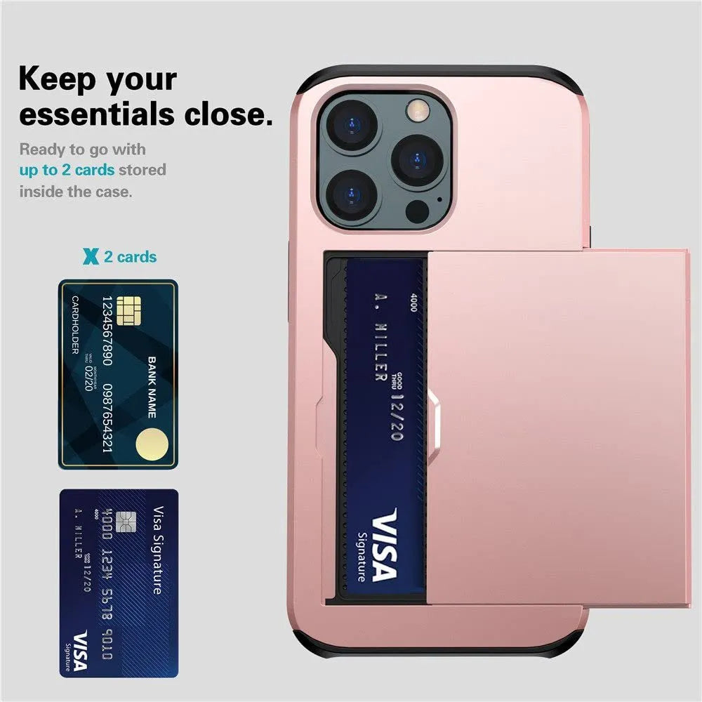 iPhone 13 mobile phone wallet case with sliding card cover in multiple colour options