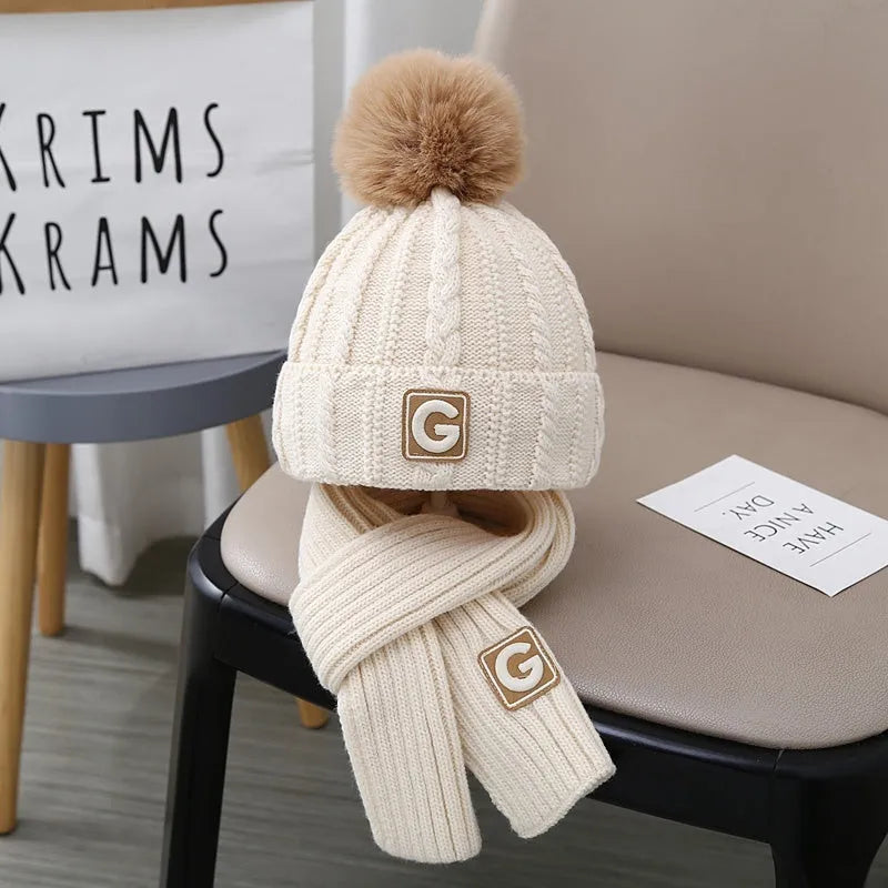 Boys' knitted fleece-lined hat and scarf set with no-top hat for babies 0-6 months