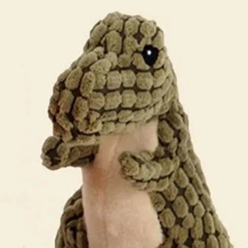 Grey, green, and orange dog sound toy resistant to bites and grinding teeth, measuring 35cm long.