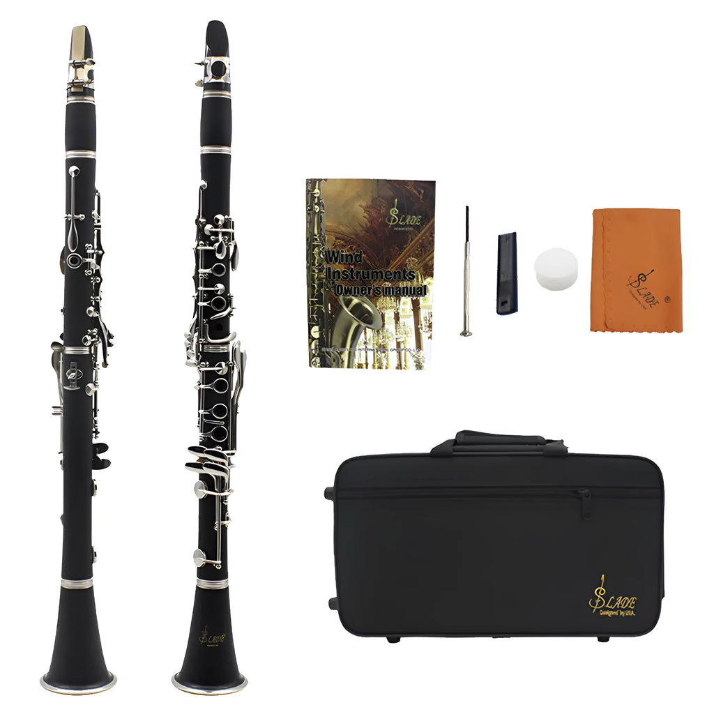 Black Bakelite clarinet with 17 nickel-plated keys shown with its included carrying bag.