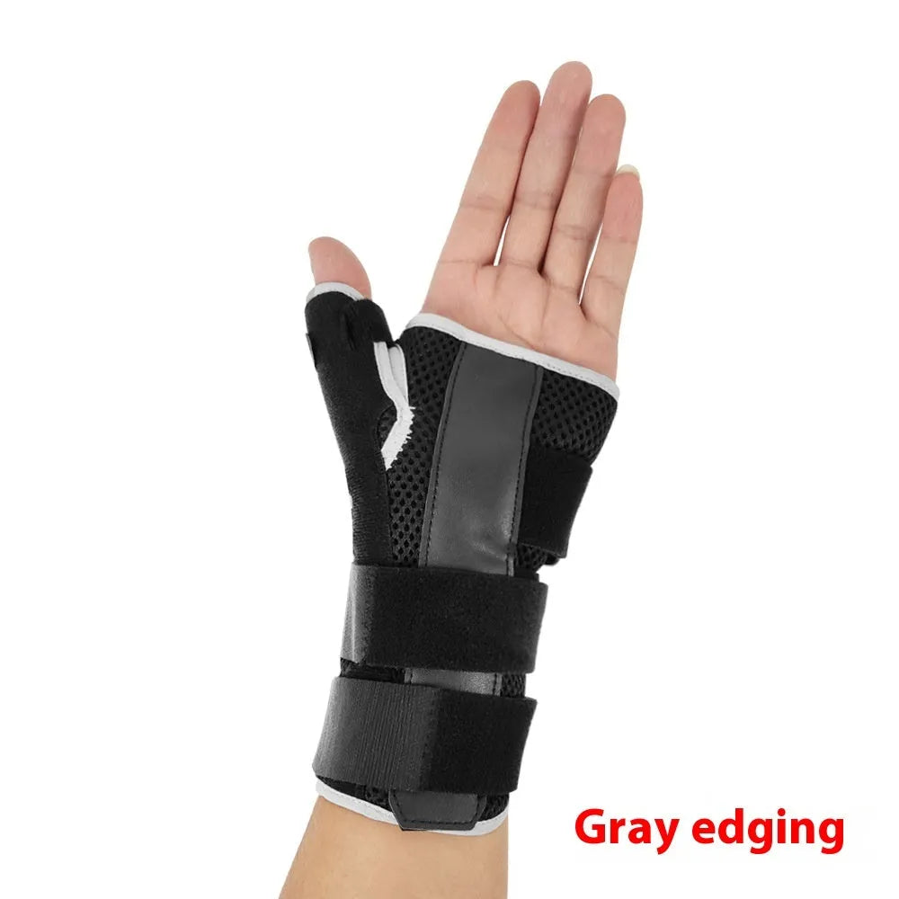 Carbon fibre sports wrist guard with thumb strap in black and grey.