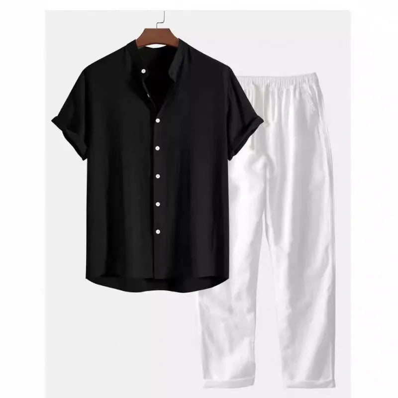 Men's casual linen-look shirt and trouser set in multiple colours with short sleeves and loose fit