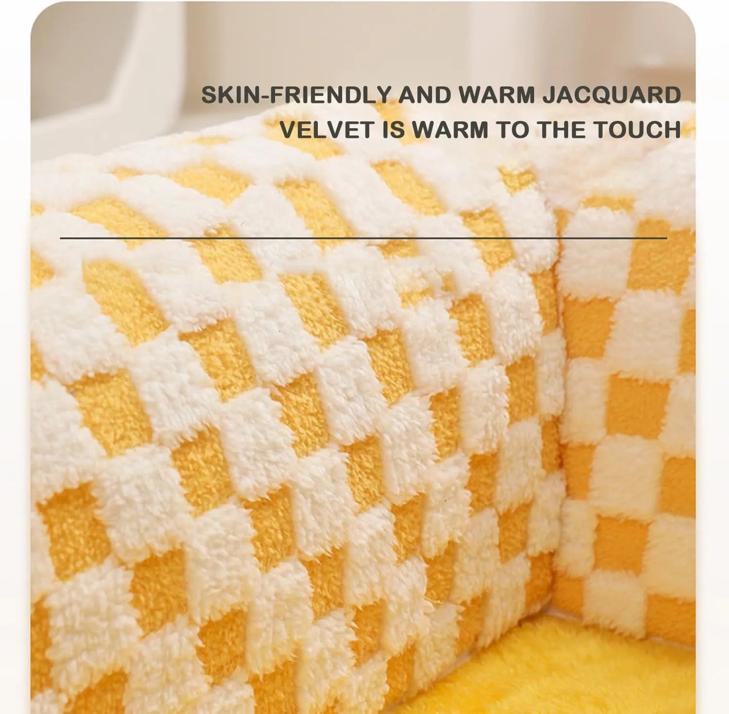 Fan-shaped plush pet bed with integrated tunnel for cats and small dogs in a plaid pattern.