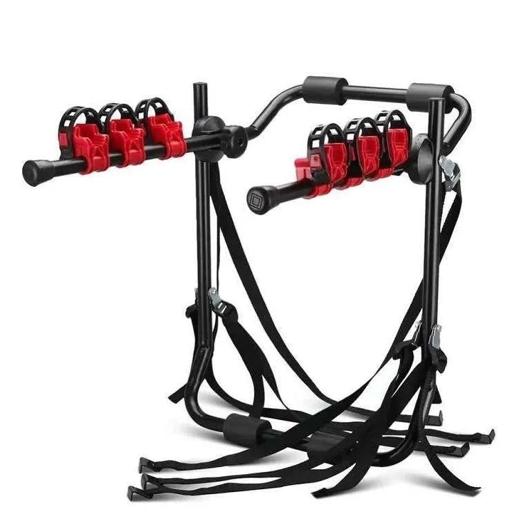 Black and red car trunk mounted bicycle rack holder with iron frame measuring 73x50cm