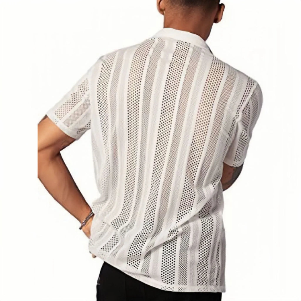 Men's black knitted short-sleeved button shirt with jacquard texture and regular fit