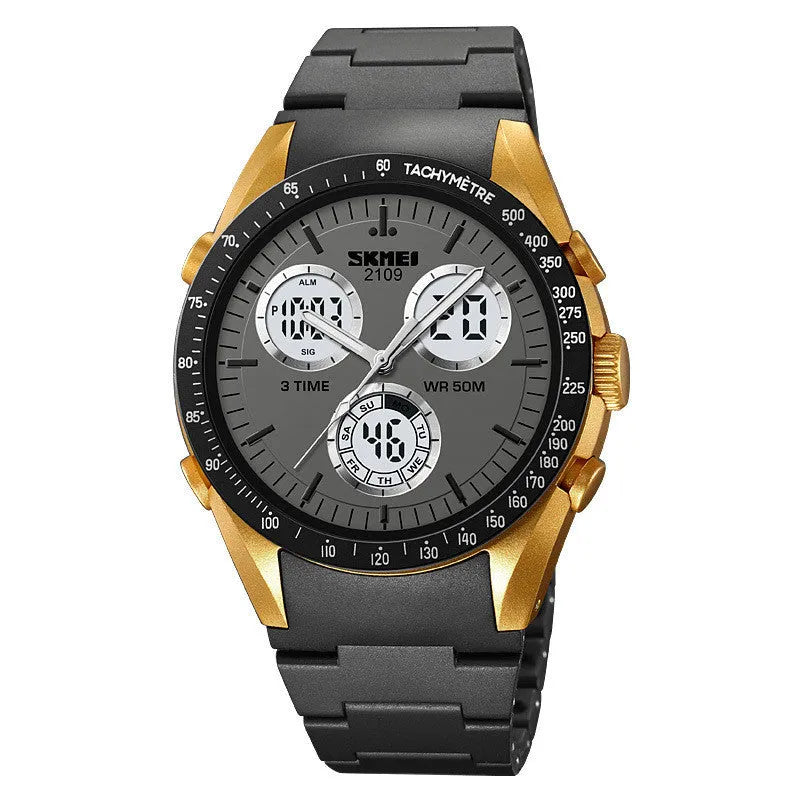 Electronic casual watch with camouflage pattern, resin mirror, and TPU strap showing 50m waterproof rating