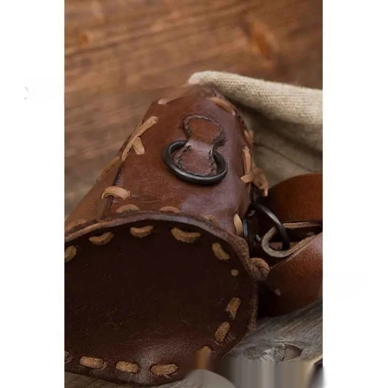 Brown hand-knitted leather quiver bag with lace-up strap for medieval cosplay