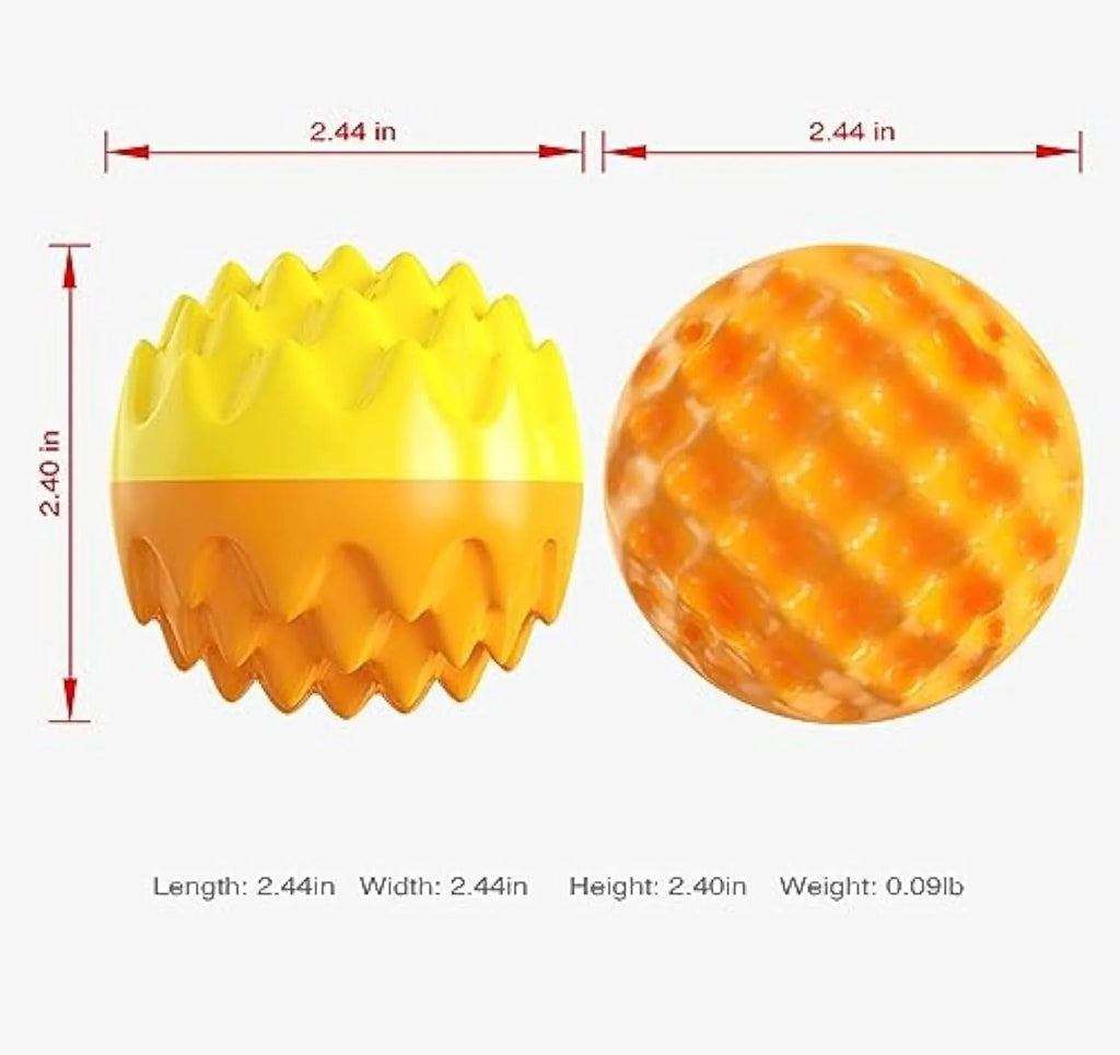 Blue and orange durable rubber squeaky dog ball with texture bumps for dental cleaning.