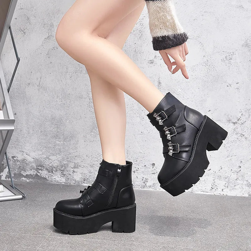 Black women's punk Martin boots with side zipper, bat buckle, and thick platform heel