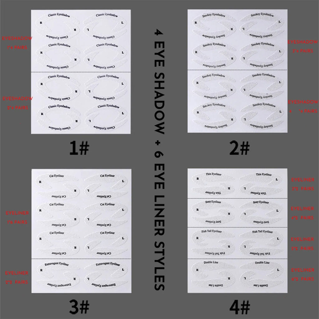 Reusable eyeliner makeup sticker templates showing four different eyeliner guide designs