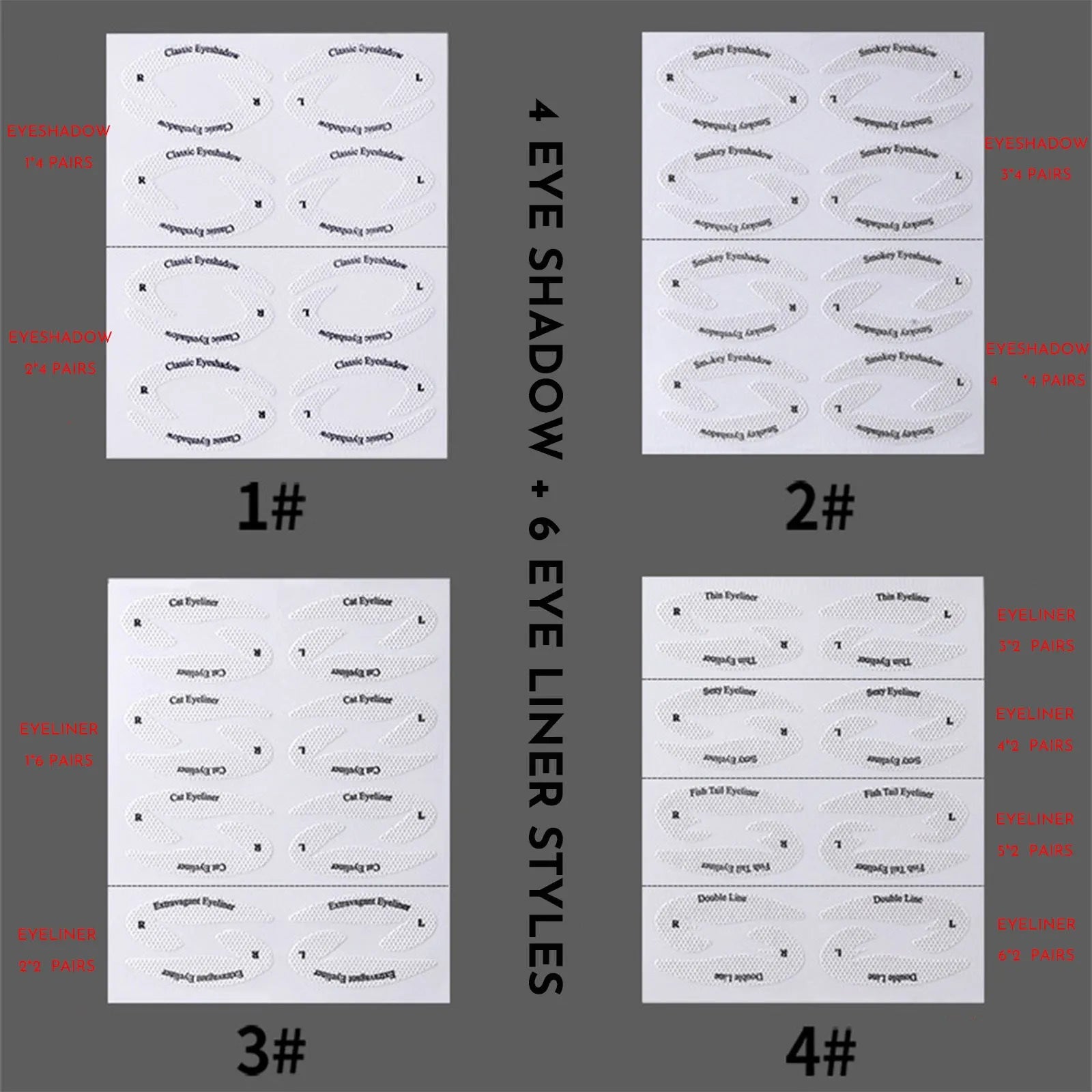 Reusable eyeliner makeup sticker templates showing four different eyeliner guide designs