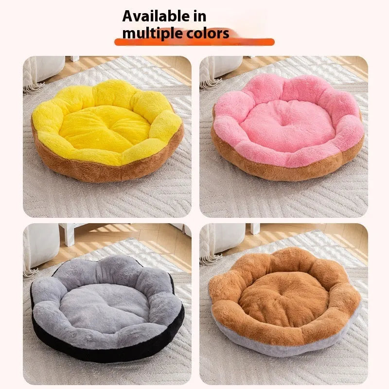 Round rabbit plush cat bed in brown grey colour showing detachable design