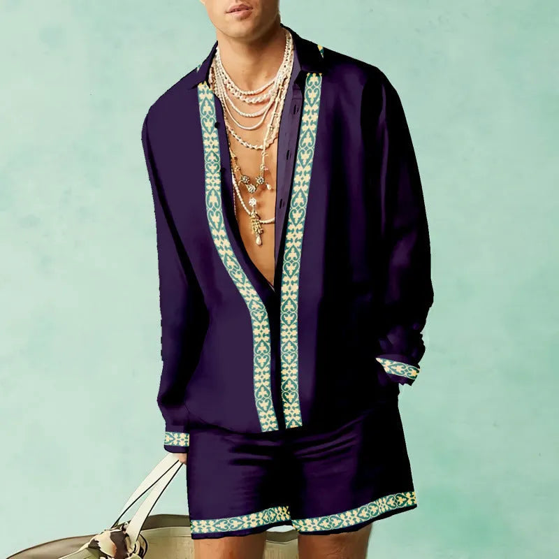 Men's slim fit casual summer set with long sleeve shirt and matching shorts in various colours