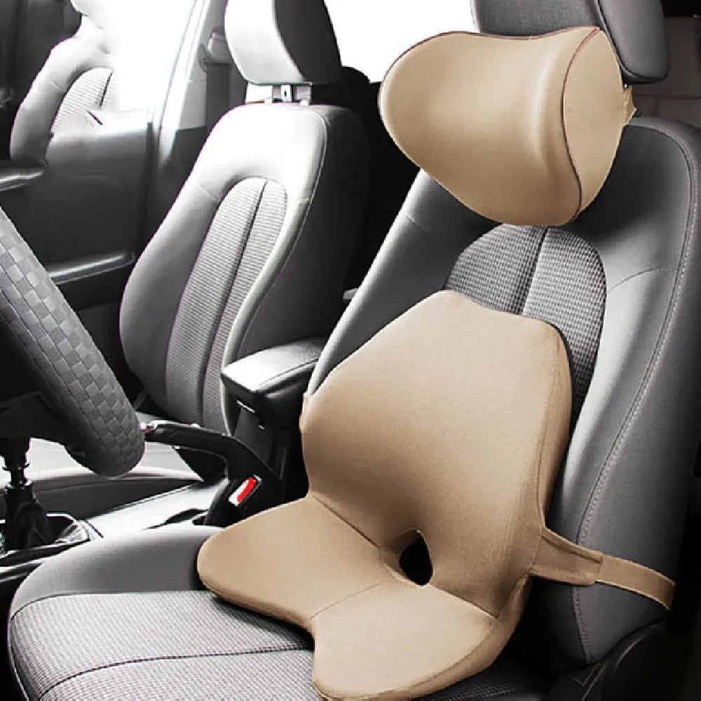 Car waist pad memory foam lumbar support cushion in beige colour with optional headrest attachment