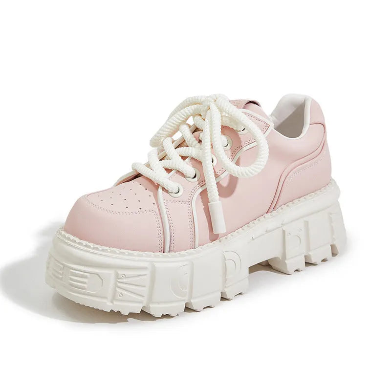 Beige and pink spring casual leather shoes with muffin bottom design and rubber foam sole
