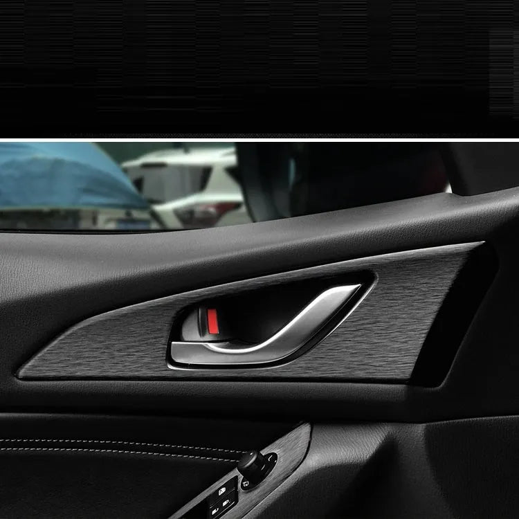 Car interior decorative vinyl sticker kit showing pre-cut pieces for dashboard, centre console and trim