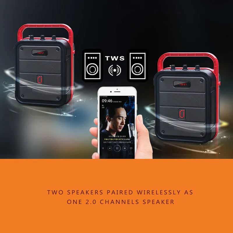 6.5-inch portable Bluetooth speaker with wireless microphone, measuring 241x145x329mm in plastic housing
