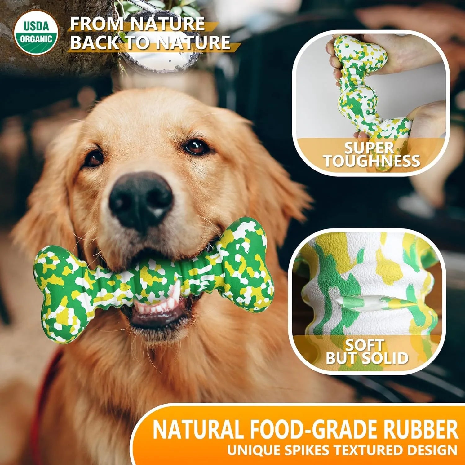 Green, white and yellow camouflage pattern natural rubber dog chew toy for large breeds