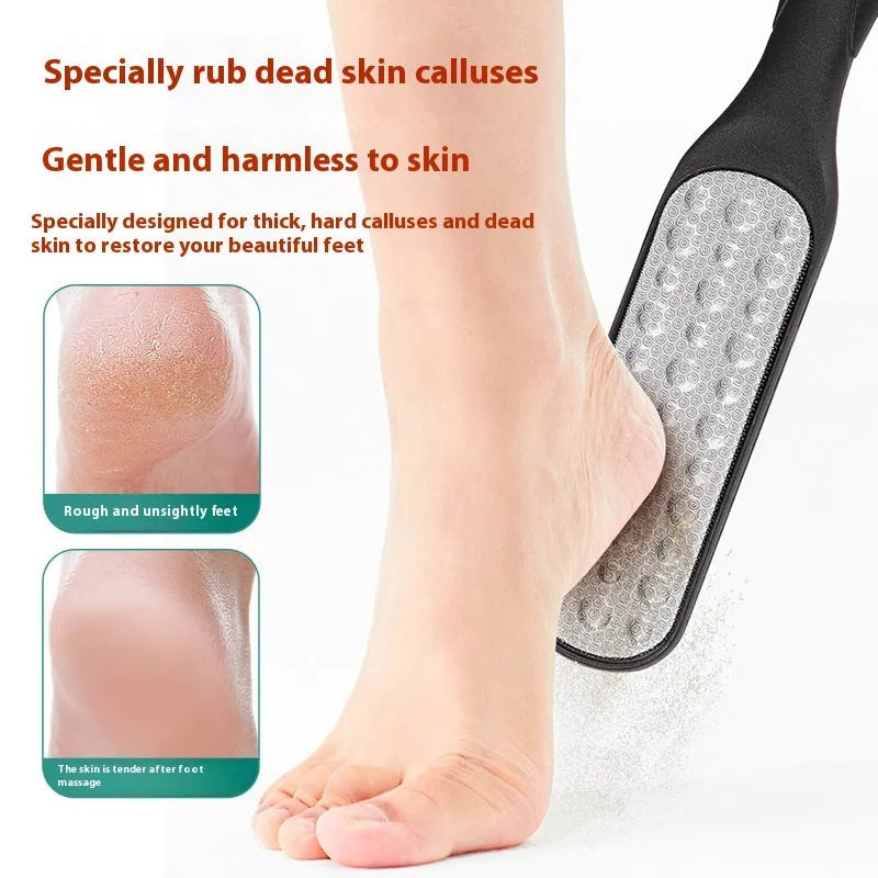 Stainless steel foot grinder with double-sided black and white sandpaper surfaces for callus removal