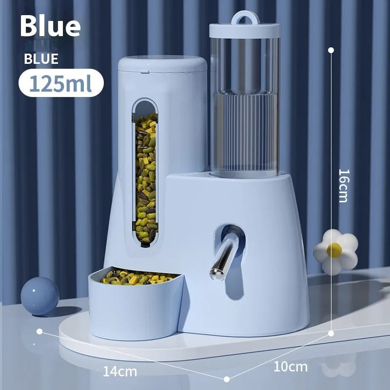Hamster automatic drinking water feeder with integrated food basin in blue colour