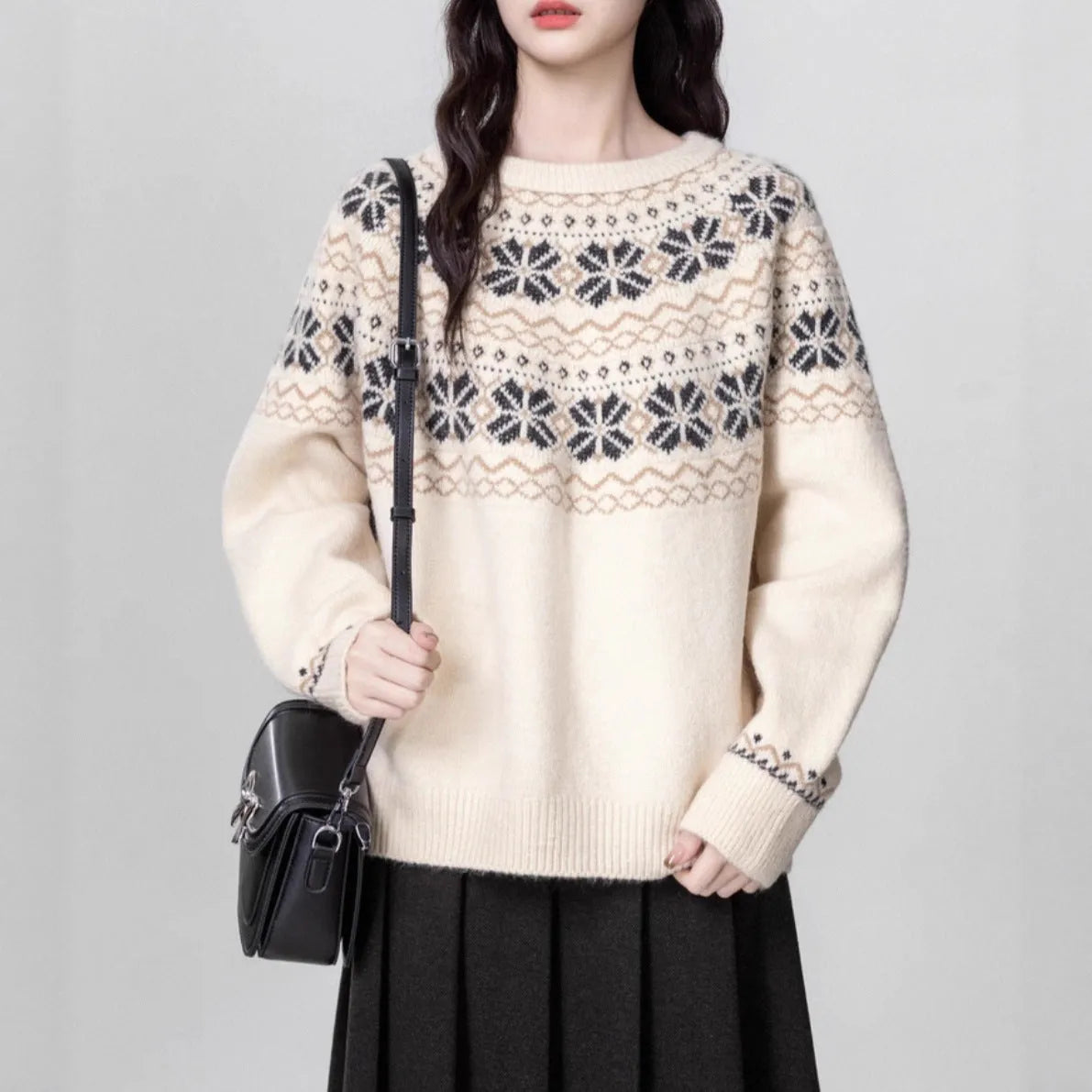 Women's milky white fair isle patterned pullover sweater with geometric design and regular sleeves