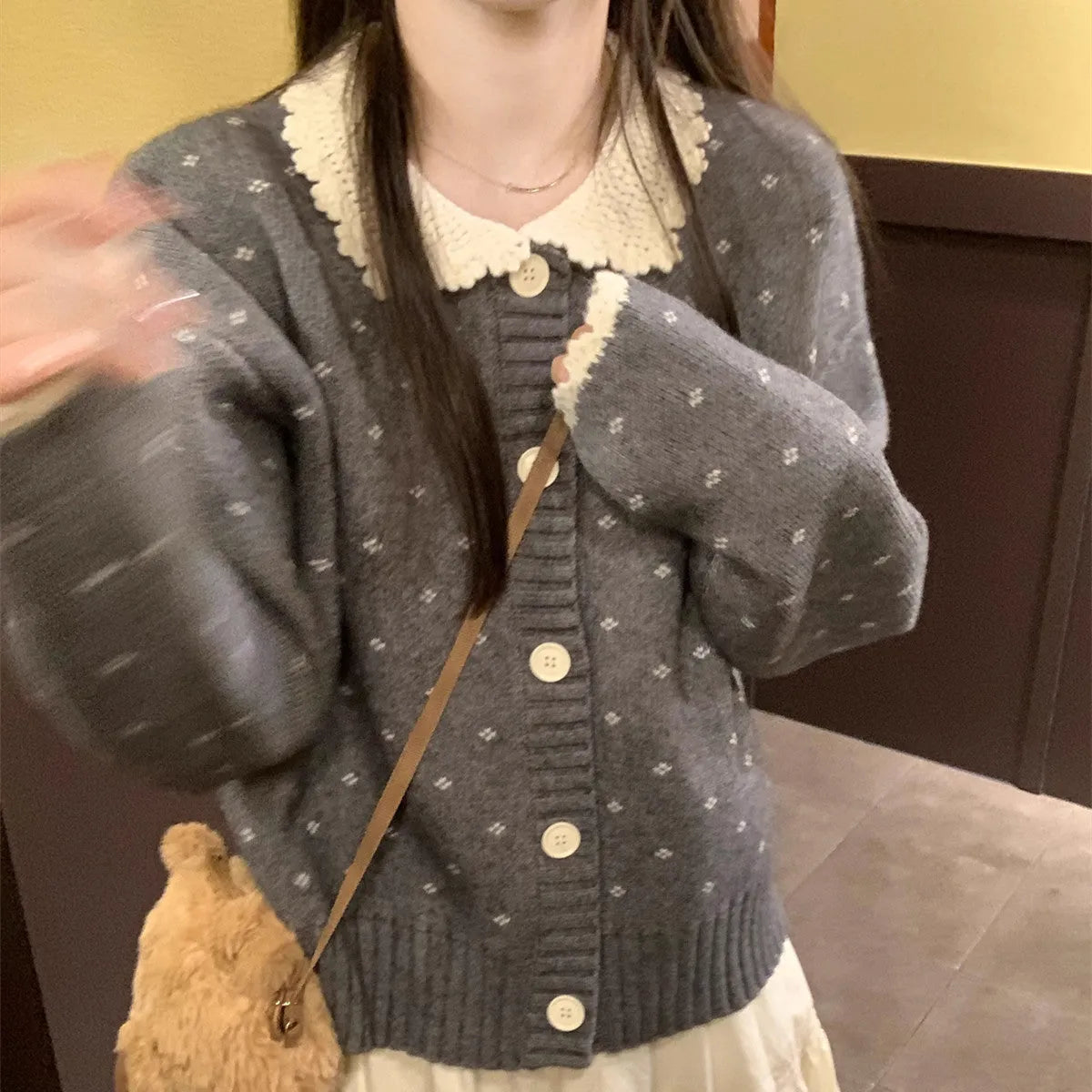 Retro Peter Pan collar floral pattern knitted cardigan coat in navy blue, apricot, grey.