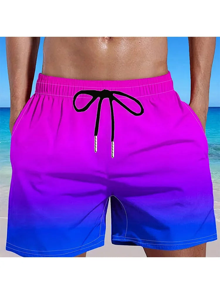 Men's gradient colour 3D printed mesh sports shorts showing elastic fabric and shorts length.