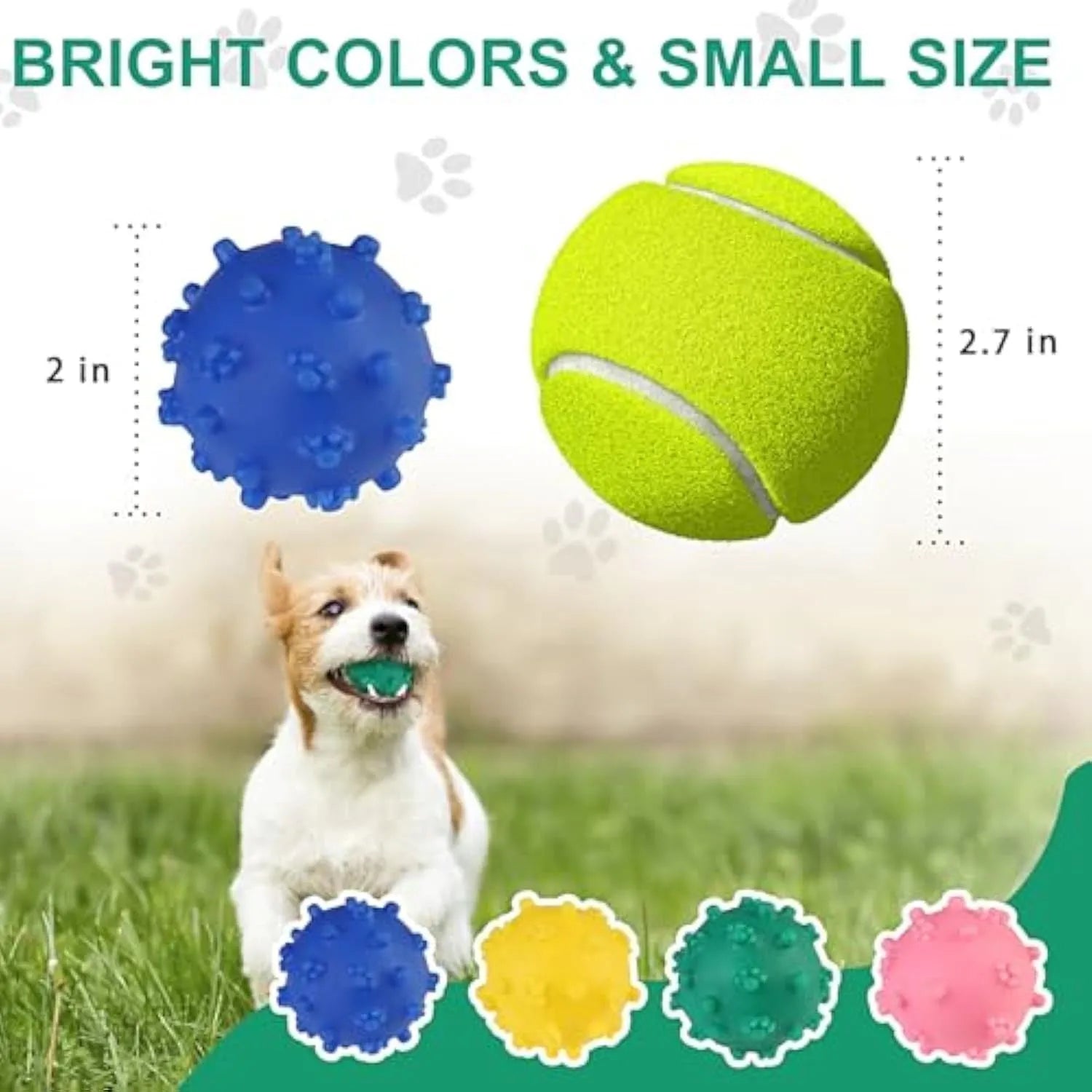 Bright blue, green, pink, and yellow spiked dog toy balls with paw print dimples on a white background.