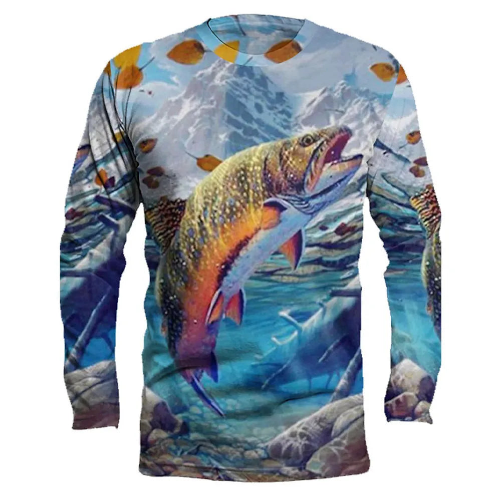 Man wearing a grey pullover with a detailed all-over blue fish print design, round neck, and long sleeves.