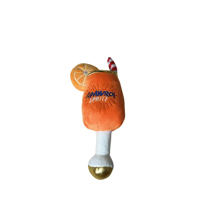 Yellow beer bottle shaped plush squeaky dog chew toy with teeth cleaning feature