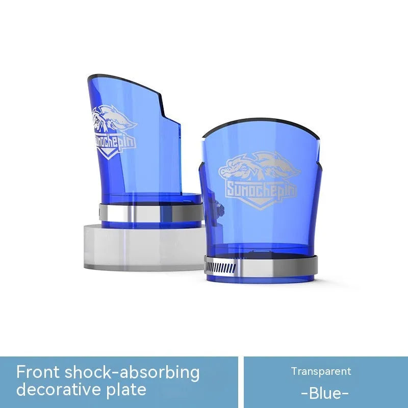 Transparent motorcycle front shock absorber protective sleeve with stainless steel clamp, shown in multiple colour options.