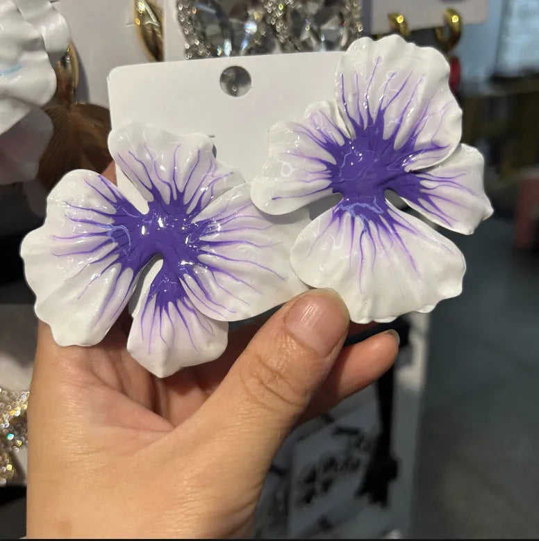 Pastoral style alloy flower stud earrings with oil-spot glaze finish in four colour variations