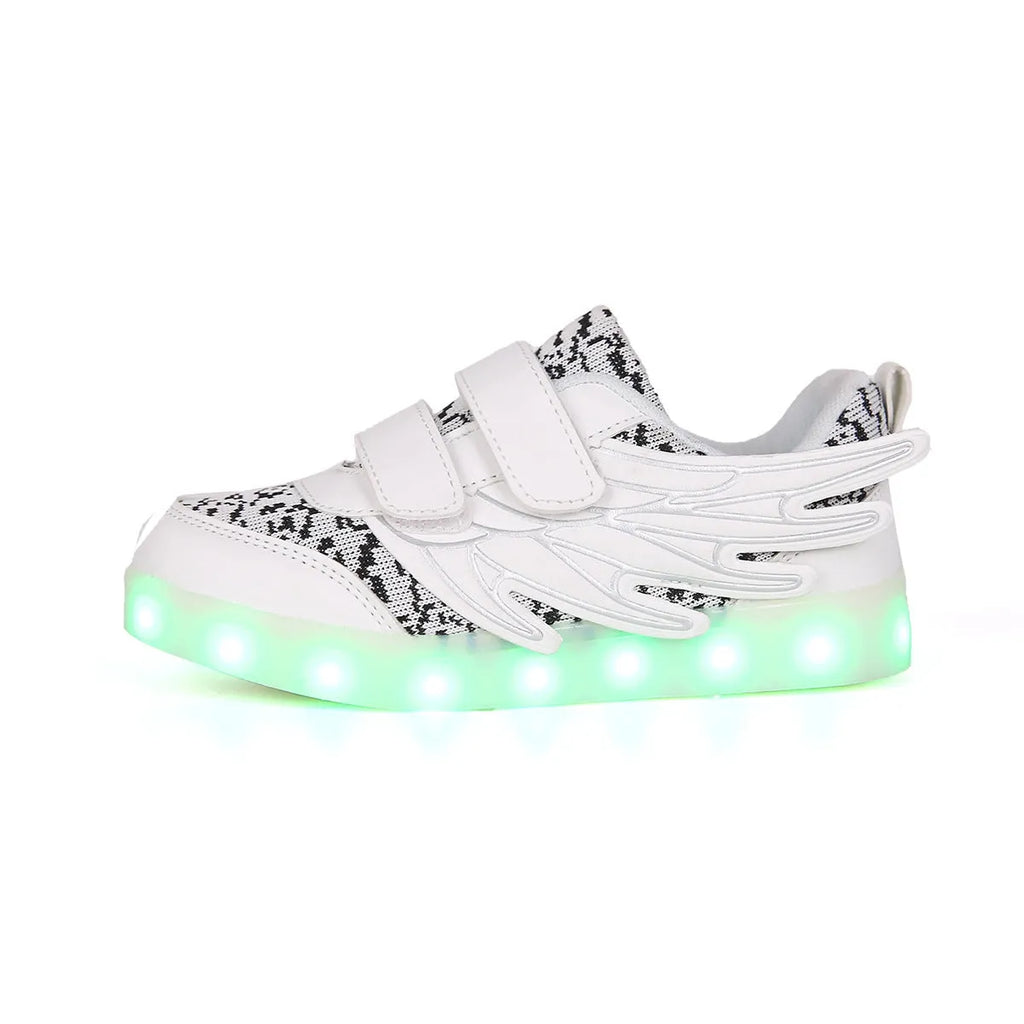 Plum red children's LED light-up sneakers with colourful flashing soles on a white background.
