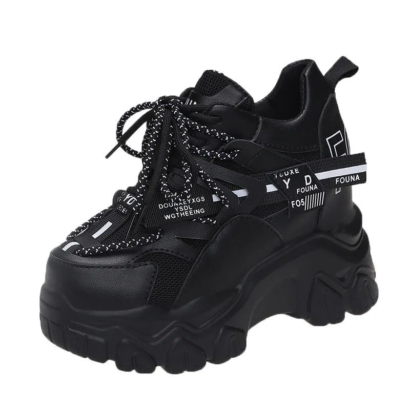 Women's white and black mesh platform sports shoes with cross-strap design and 6-8cm heel
