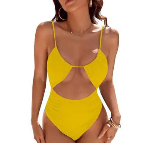Women's one-piece solid colour swimsuit with high elasticity nylon fabric, available in multiple colours and sizes S-XXL