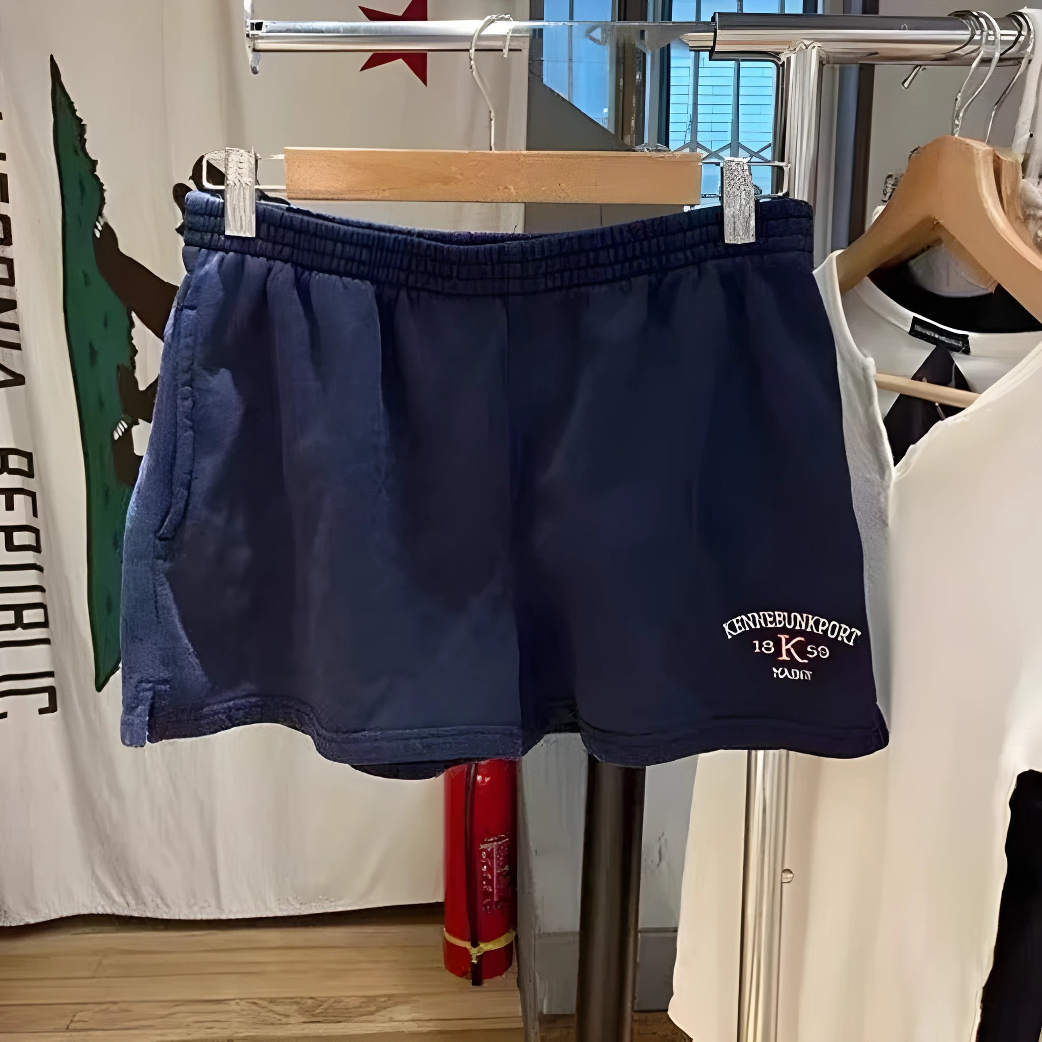 Women's dark blue cotton hot pants shorts with white flag embroidery, sporty athletic style