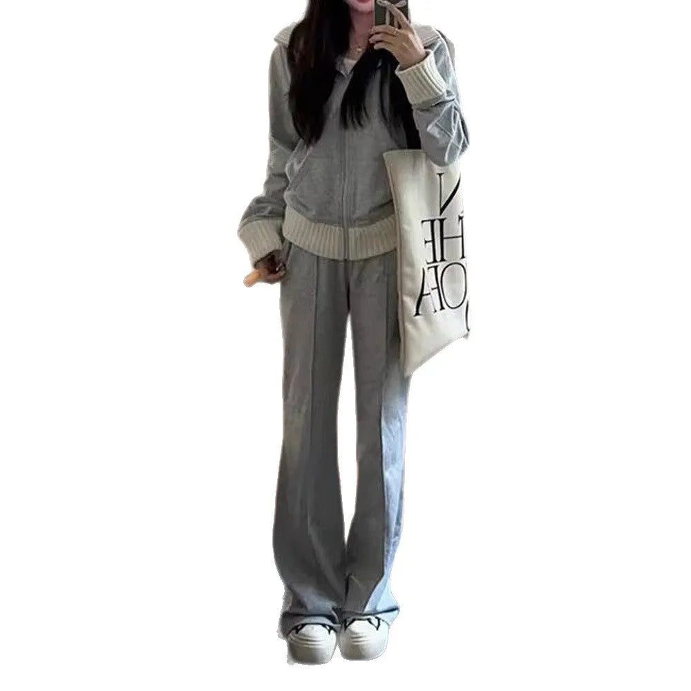 Light gray women's two-piece casual set with coat and wide leg trousers