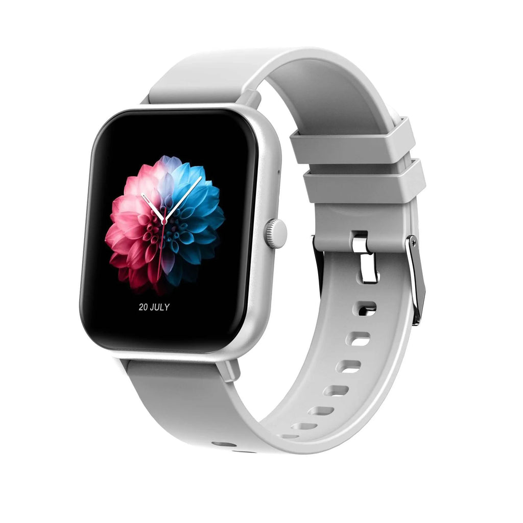 Bluetooth smart watch with heart rate monitor on wrist, showing TFT screen, available in black, silver gray, pink, khaki.