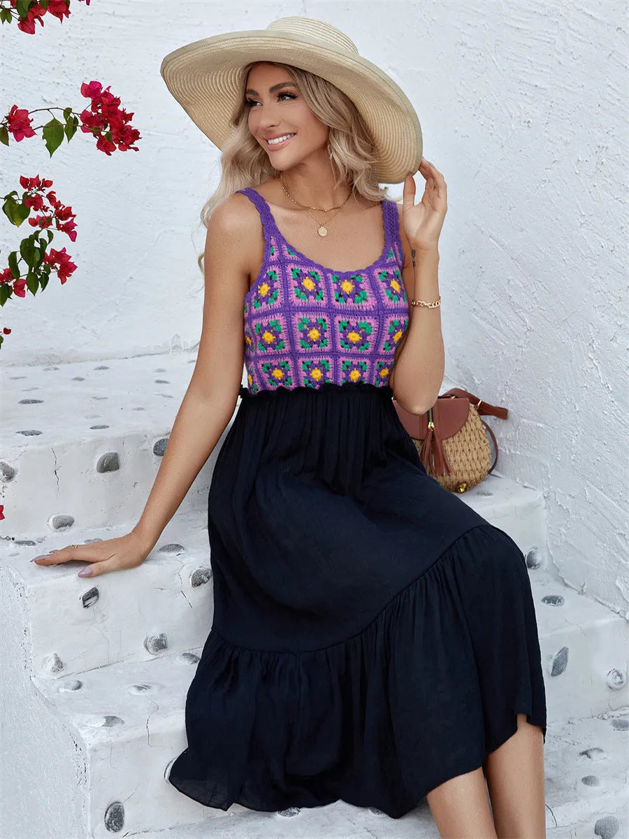 Purple sleeveless dress with hand-hooked floral embroidery on acrylic cotton blend fabric
