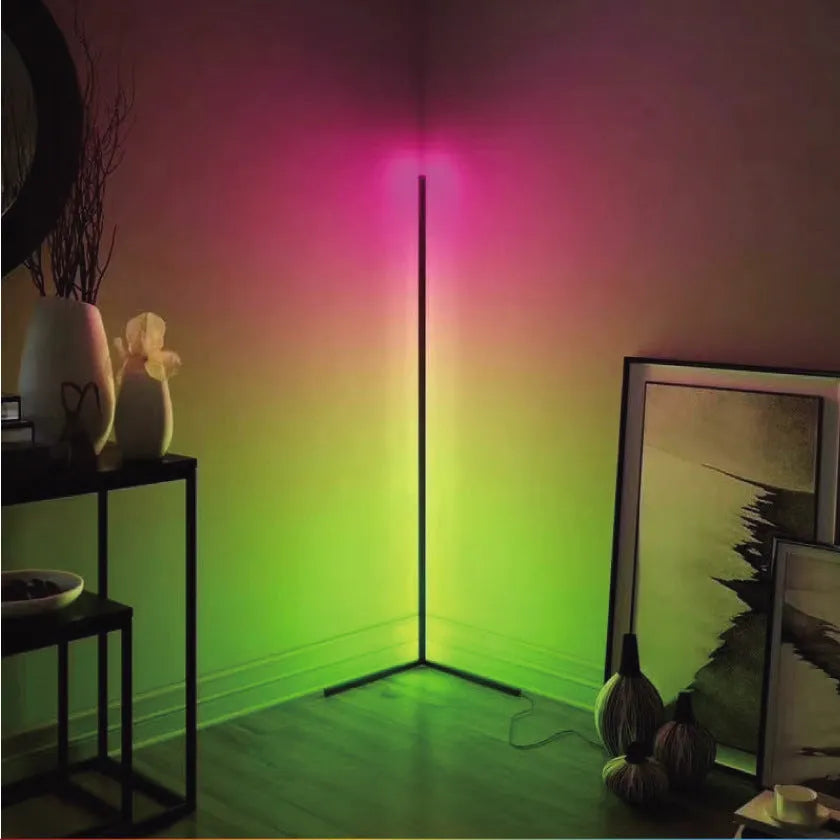Black smart RGB floor lamp with remote control on household floor