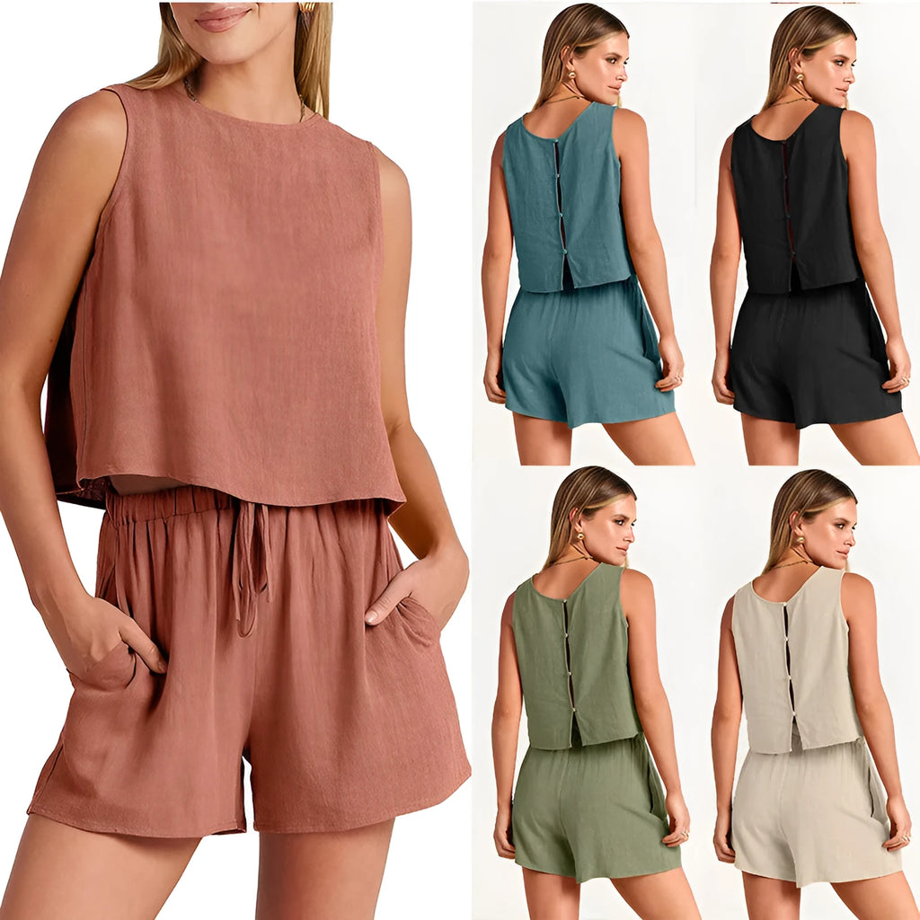 Women's two-piece summer set with sleeveless top and drawstring shorts in rayon linen blend available in multiple colours