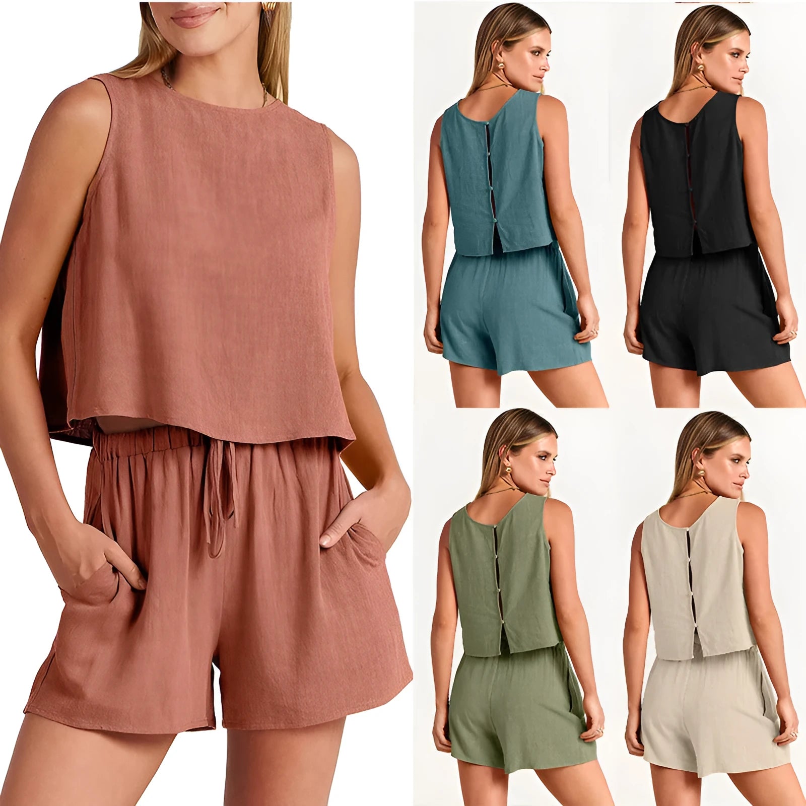 Women's two-piece summer set with sleeveless top and drawstring shorts in rayon linen blend available in multiple colours