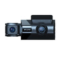 Black dash camera with 5-inch screen mounted on car windscreen showing GPS and WiFi functions