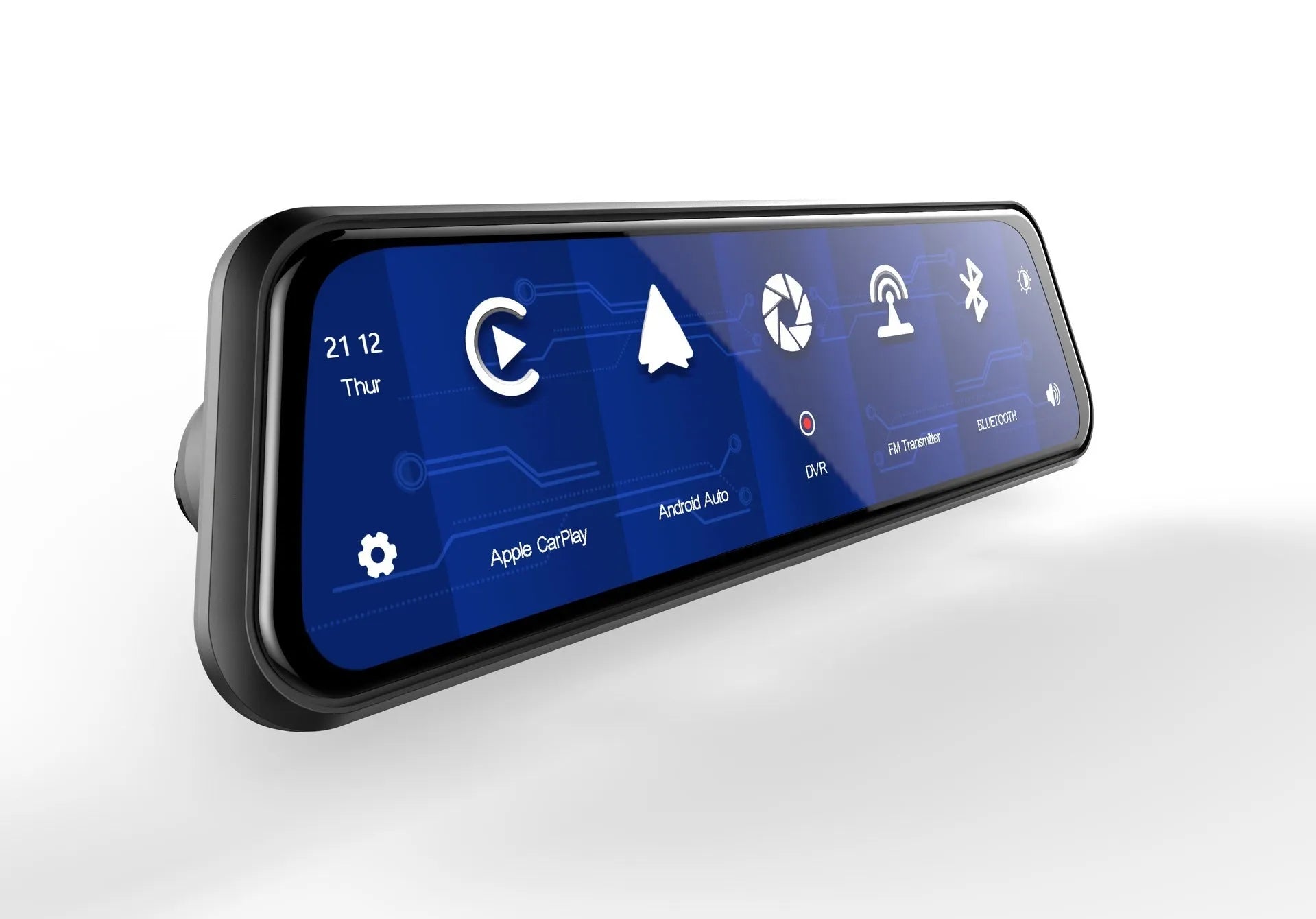 Dual-lens car dash cam with large touch screen mounted on rearview mirror.