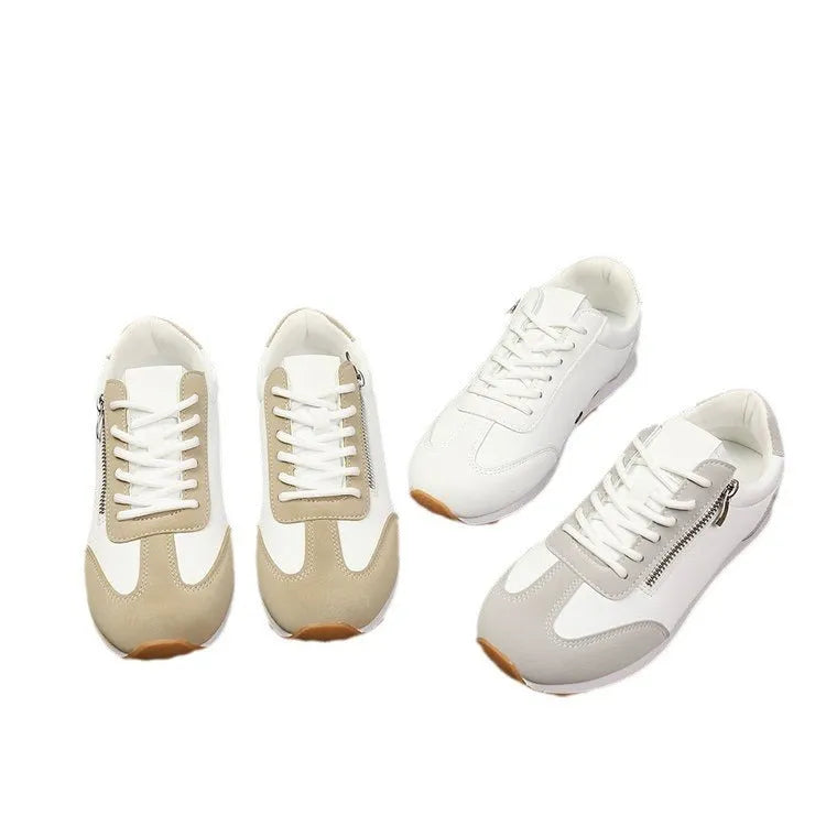 Women's flat-heeled casual shoes in champagne, grey, and white colours with artificial PU upper.