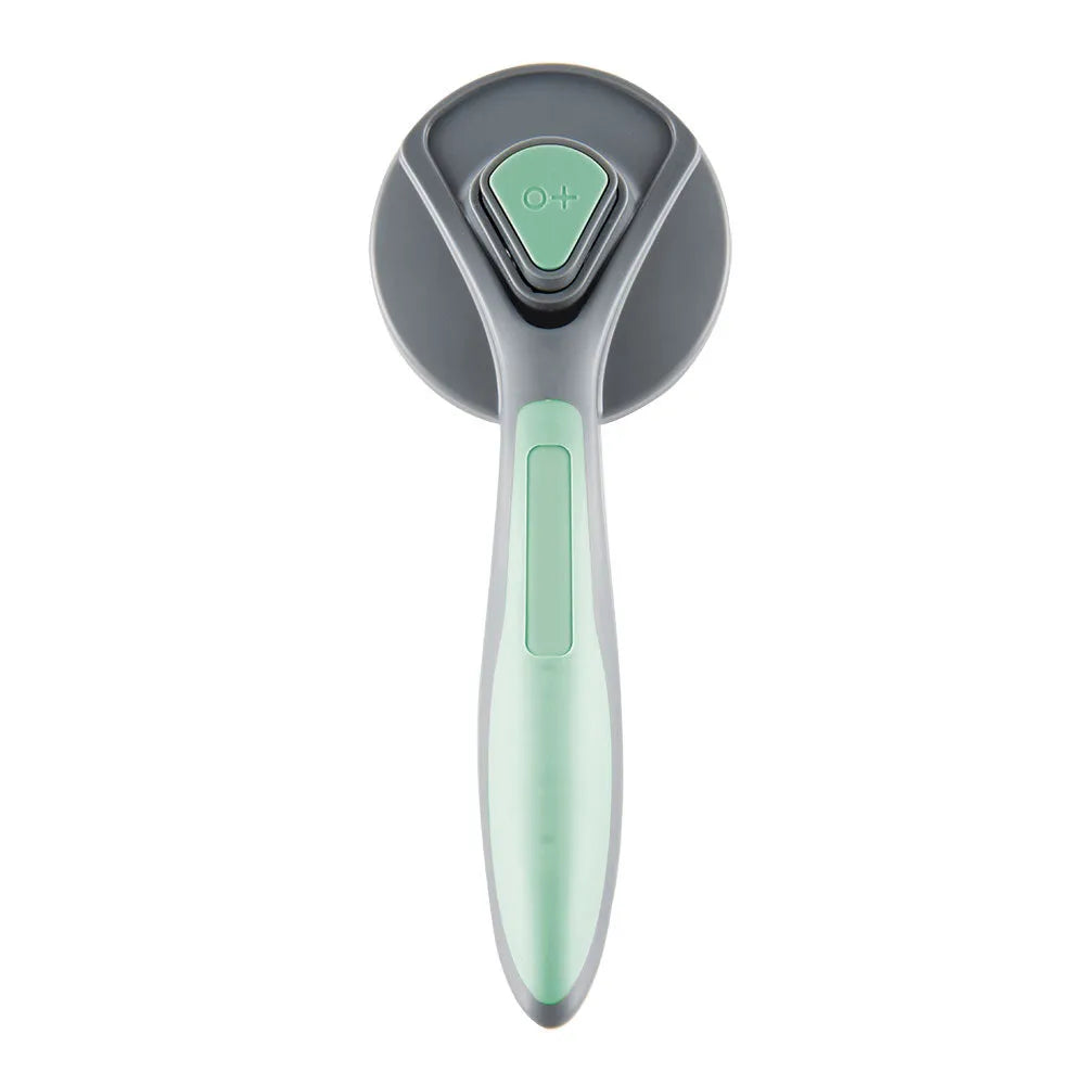 Grey self-cleaning slicker brush for pet grooming with ergonomic handle and one-click button.