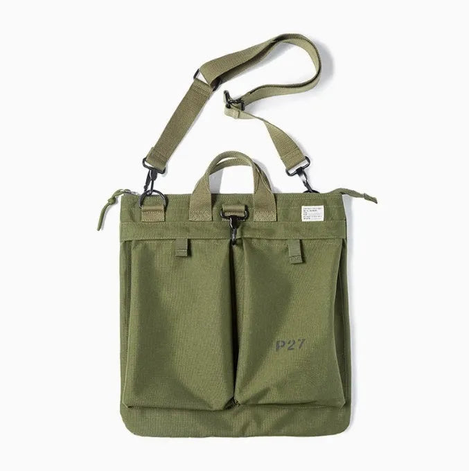 Canvas crossbody messenger bag in military green colour with shoulder strap and hard handle